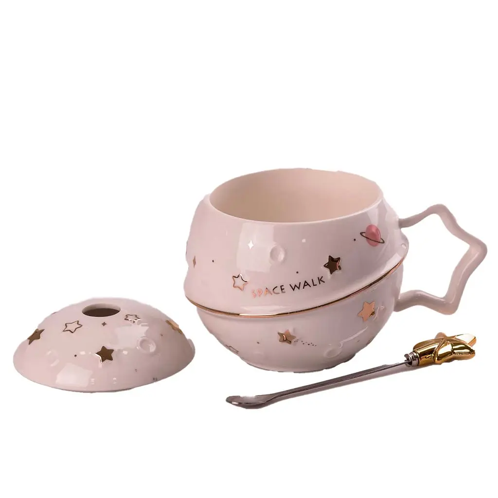 Чашка керамічна Happy Life Space Walk з кришкою та ложкою біла 400 мл HP8226W - фото 2