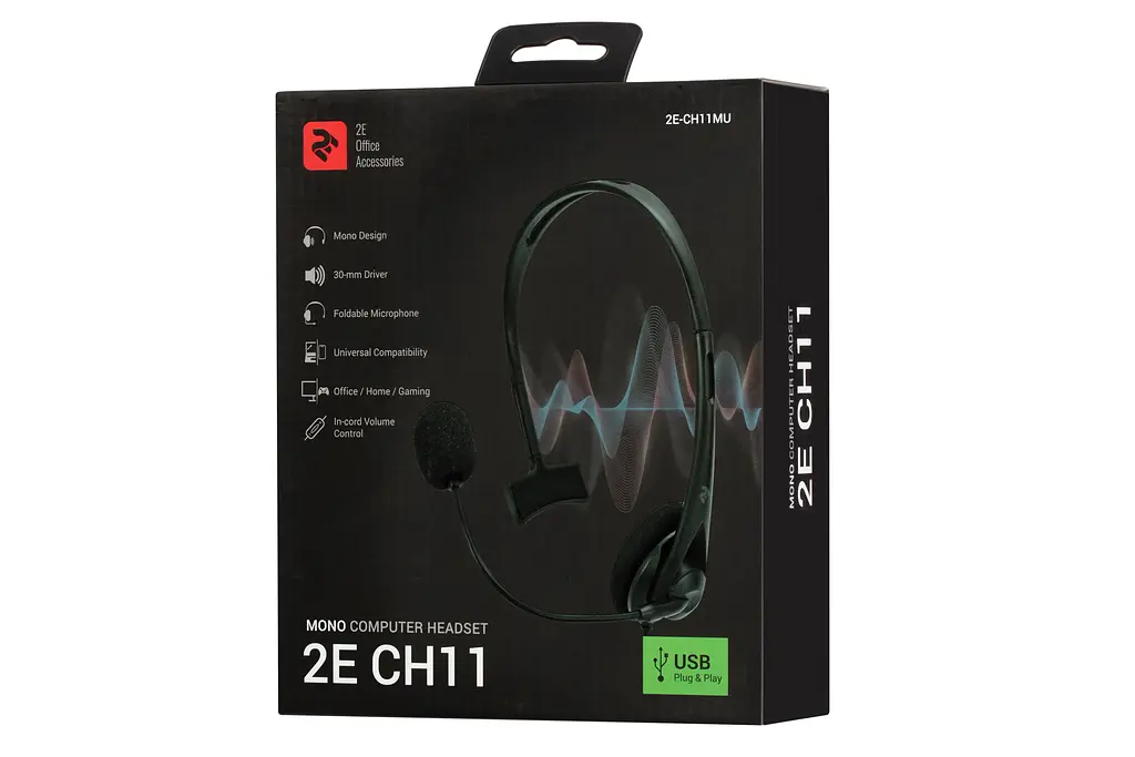 Гарнітура ПК моно On-ear CH11 USB, omni-mic, 2м, чорний 2E teh0013225 - фото 3