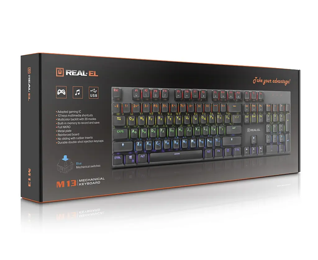 Клавиатура игровая механическая REAL-EL M13 USB RGB Black - фото 8