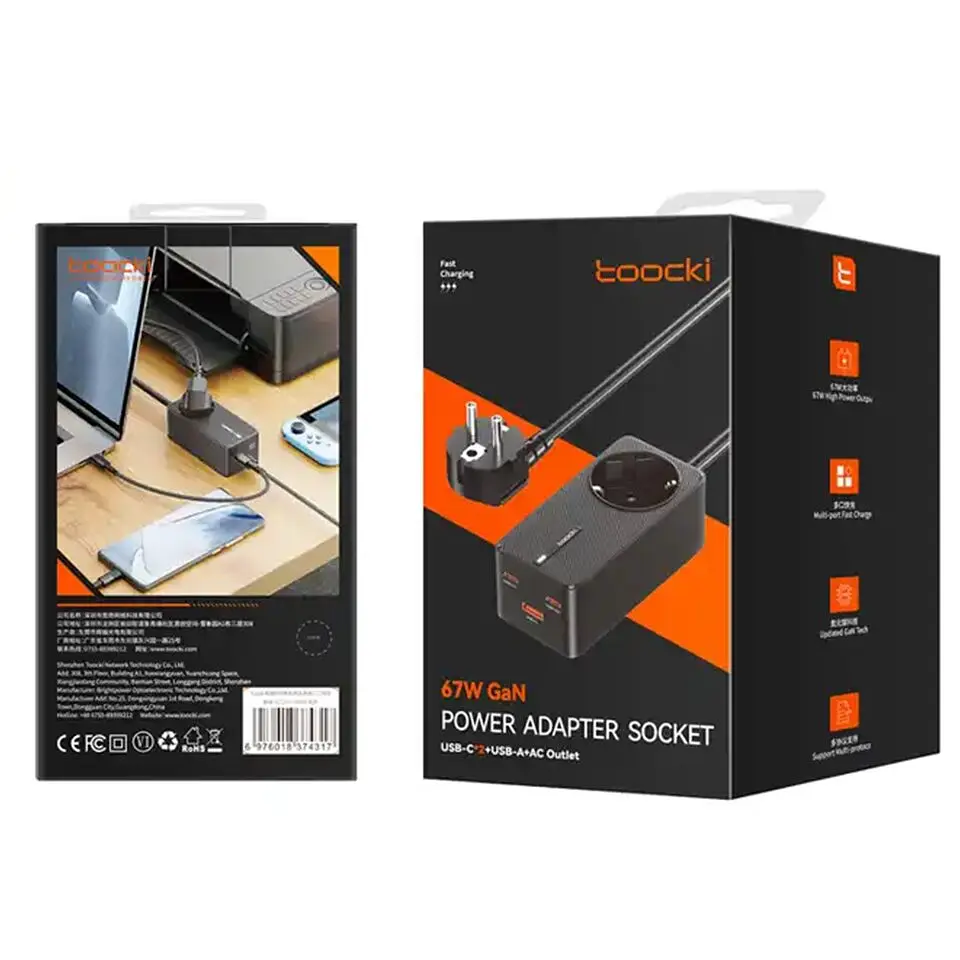 Toocki 67W Desktop Charger 2 x Type-C, 1 х USB 1.5 м, Black + розетка - фото 9
