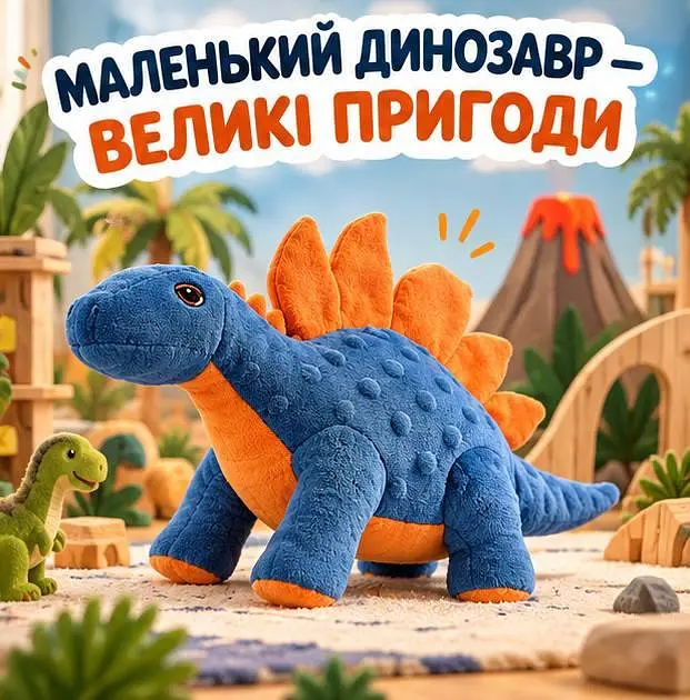 Іграшка плюшева динозавр м'який динозаврик для дітей подарунок хлопчику або дівчинці синьо-помаранчева - фото 4