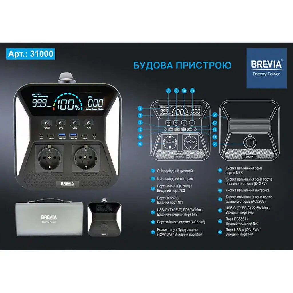 Зарядная станция Brevia 31000PS - 1000W LifePo4 - фото 6