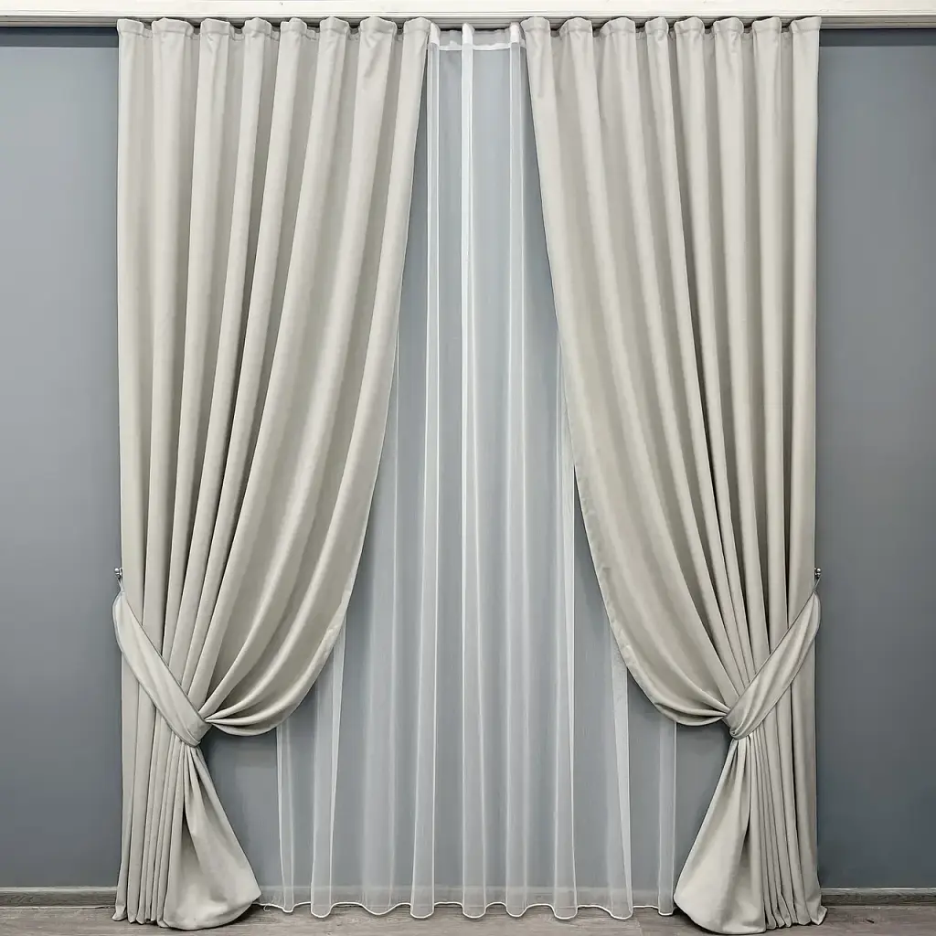 Комплект штор з тюлем VR-Textil Мікровелюр Petek, тауп з білим, 2 штори 200×270 см + тюль 500×270 см, арт. 71-156/6