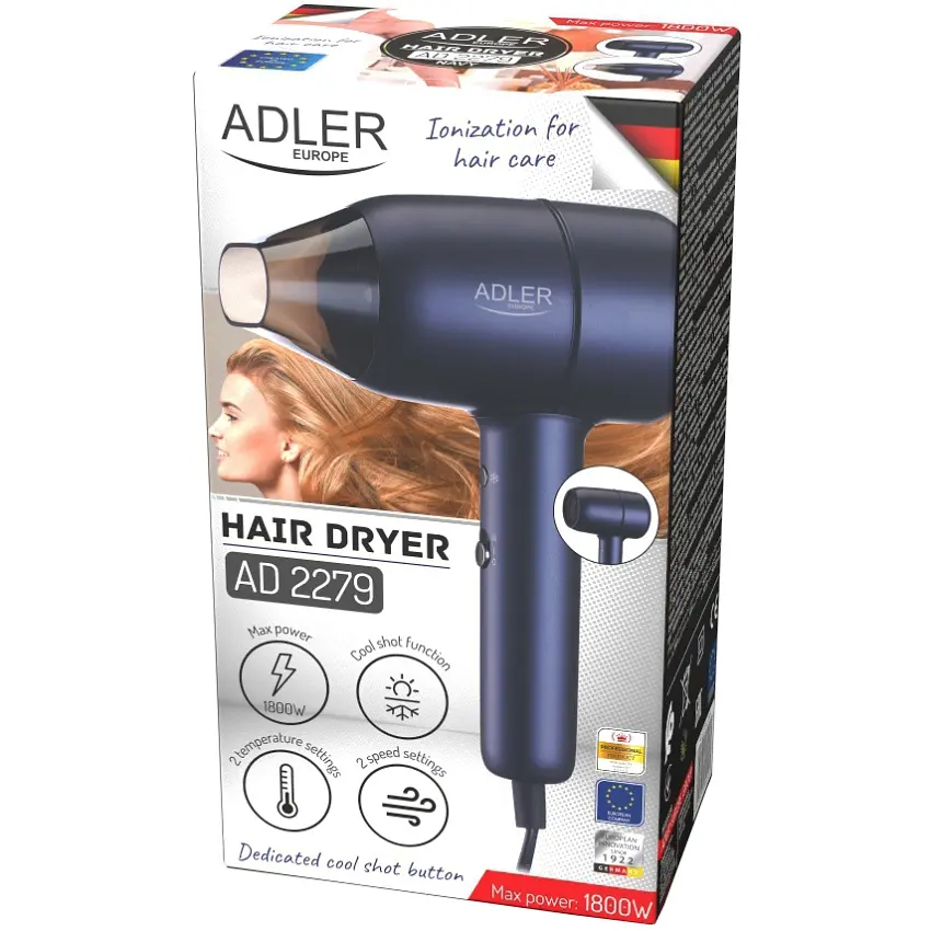 Фен Adler AD 2279b blue 1800Вт/ 2 скорости/ холодный обдув/ темп.режимов-2/ионизация/ насадки - 1 шт. - фото 7