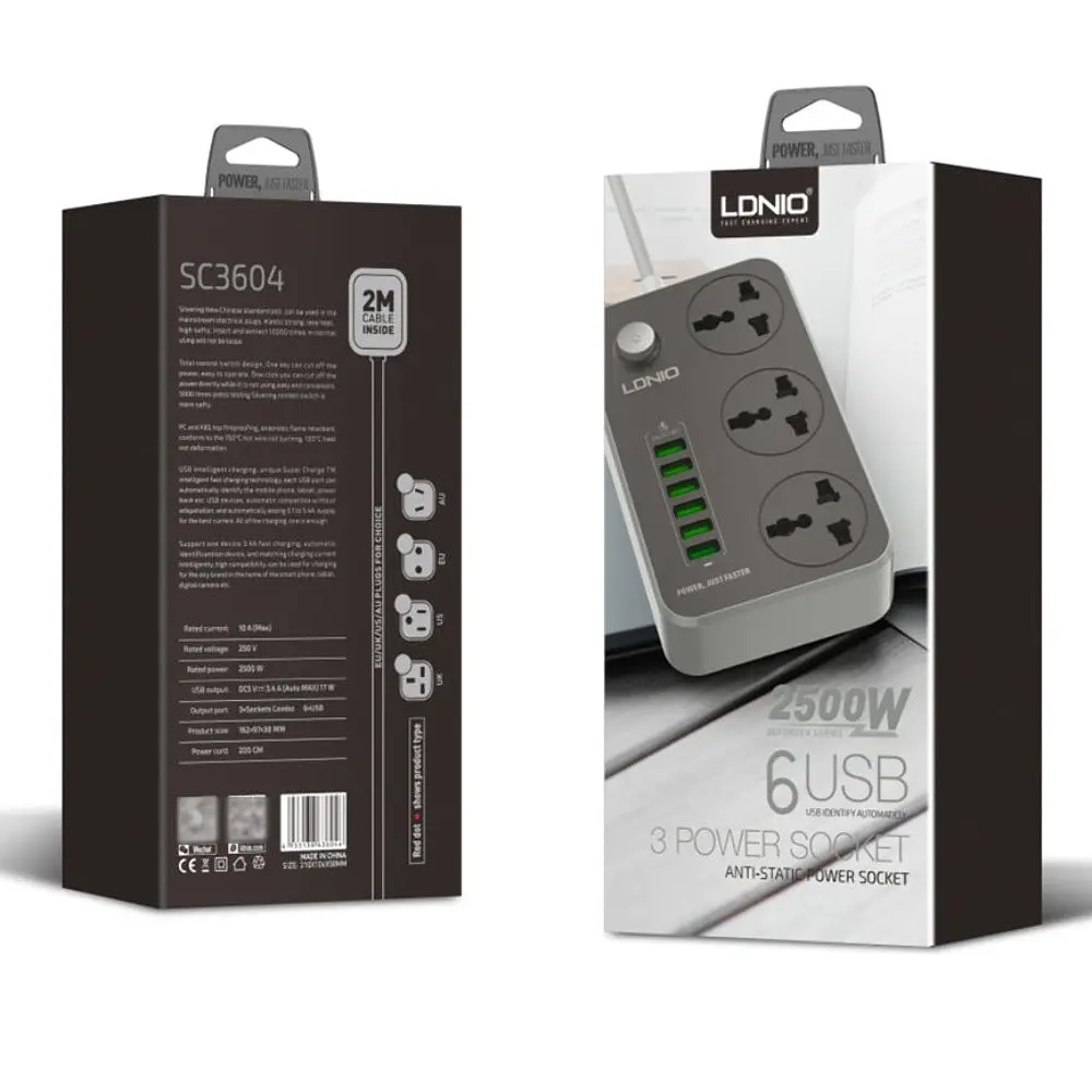 Сетевое зарядное устройство удлинитель LDNIO SC3604 6 USB 3 розетки 2m серо-черный - фото 8