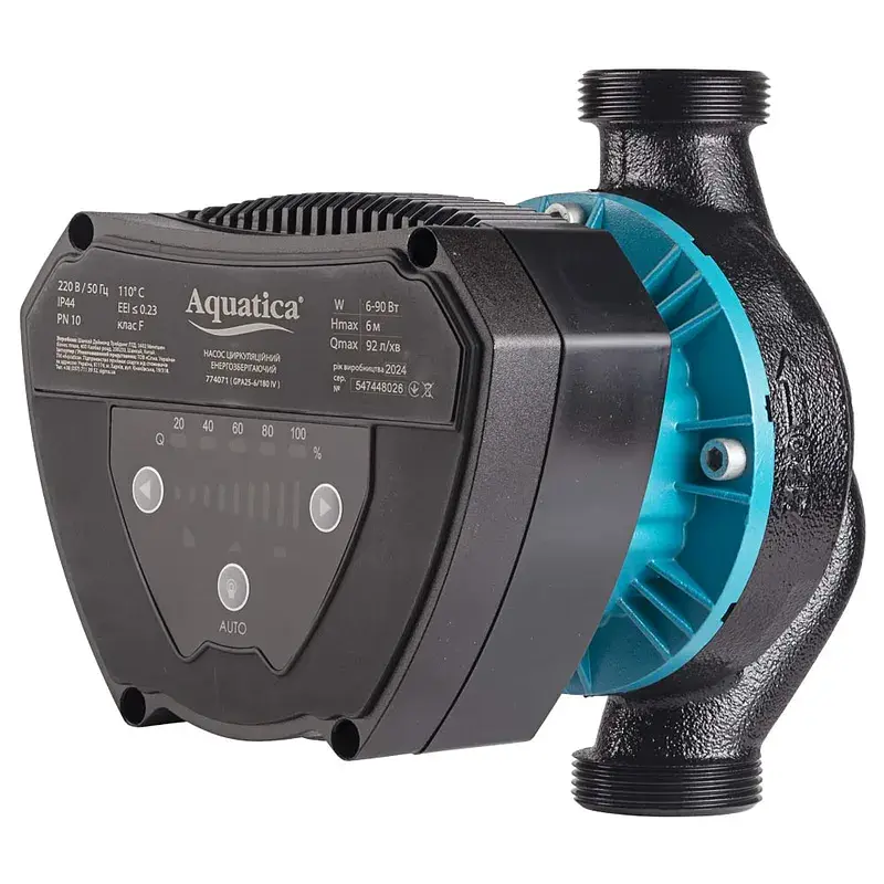 Насос циркуляційний енергозберігаючий 6-90Вт Hmax 6м Qmax 92л/хв Ø1½" 180мм + гайки Ø1" AQUATICA GPA25-6/180 IV (774071)