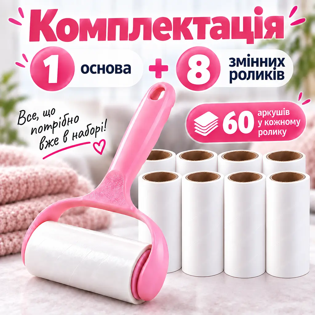 Ролик липучка для чищення одягу від шерсті та ворсу з ручкою + 8 змінних ролика по 60 аркушів KT9004408 - фото 2