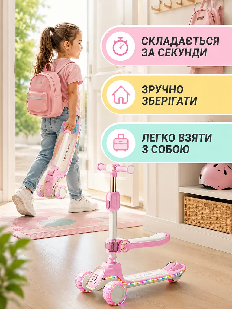 Дитячий самокат триколісний 2в1 рожевий із сидінням підсвічуванням коліс і музикою (49675957) - фото 5