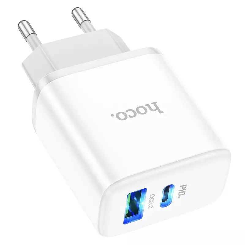Мережевий адаптер живлення Hoco C105A 20W Type-C та USB зі швидкою зарядкою та кабелем Type-C to Type-C білий - фото 6