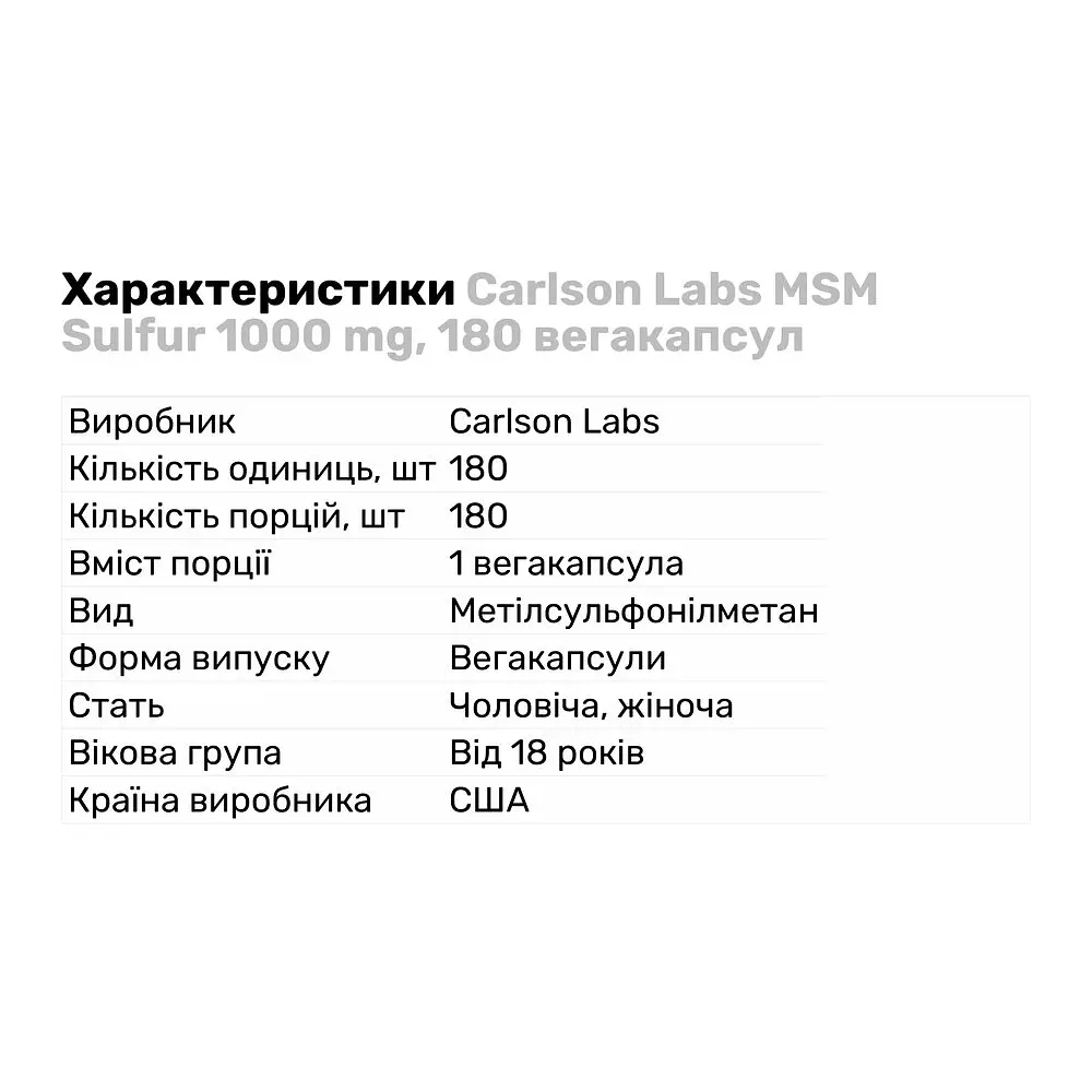 Препарат для суставов и связок Carlson Labs MSM Sulfur 1000 mg, 180 вегакапсул - фото 2