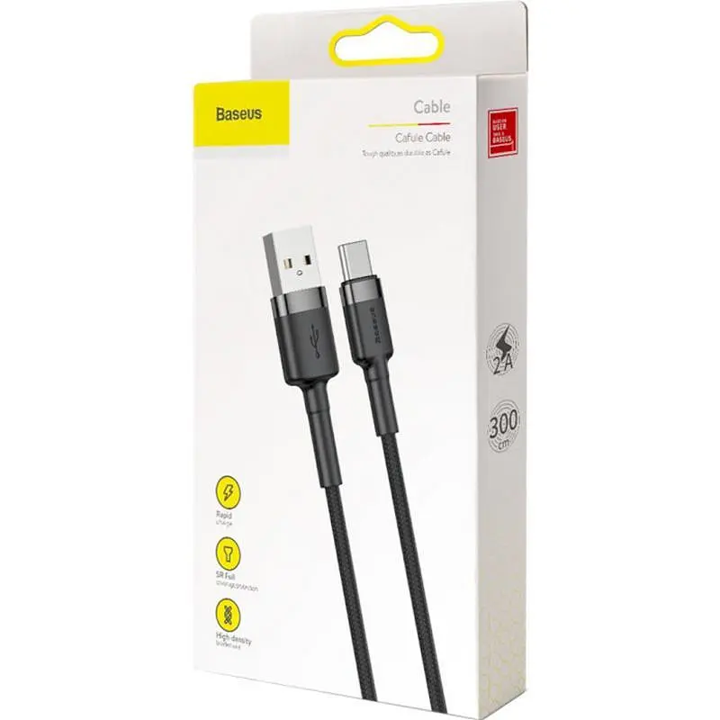 Кабель Baseus Cafule Cable USB to Type-C 2A 3m CATKLF-UG1 Black-Grey - фото 2