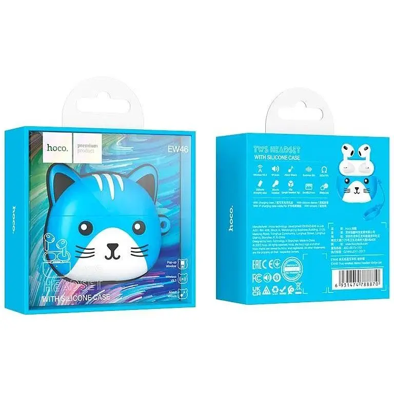 Наушники беспроводные Hoco EW46 Cat в комплекте с чехлом голубые - фото 2