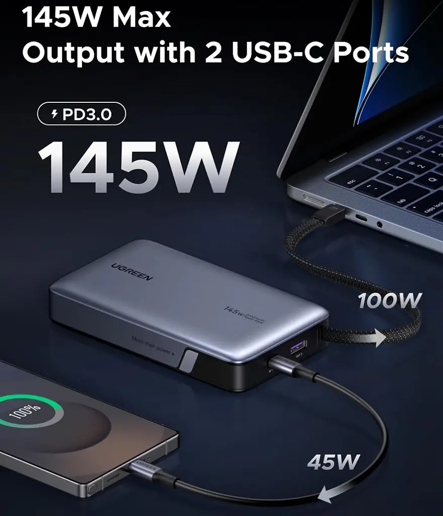 УМБ Ugreen 20000mAh 145W PD3.1.QC, USB-A,USB-С IN/OUT, with built in USB-C cable (PB551) Gray - фото 4