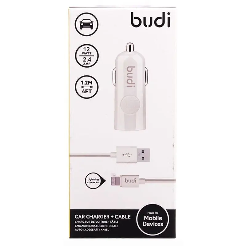 Автомобильное зарядное устройство BUDI Car charger White Led 1USB 2.4A + Lightning cable 1.2 m White - фото 2