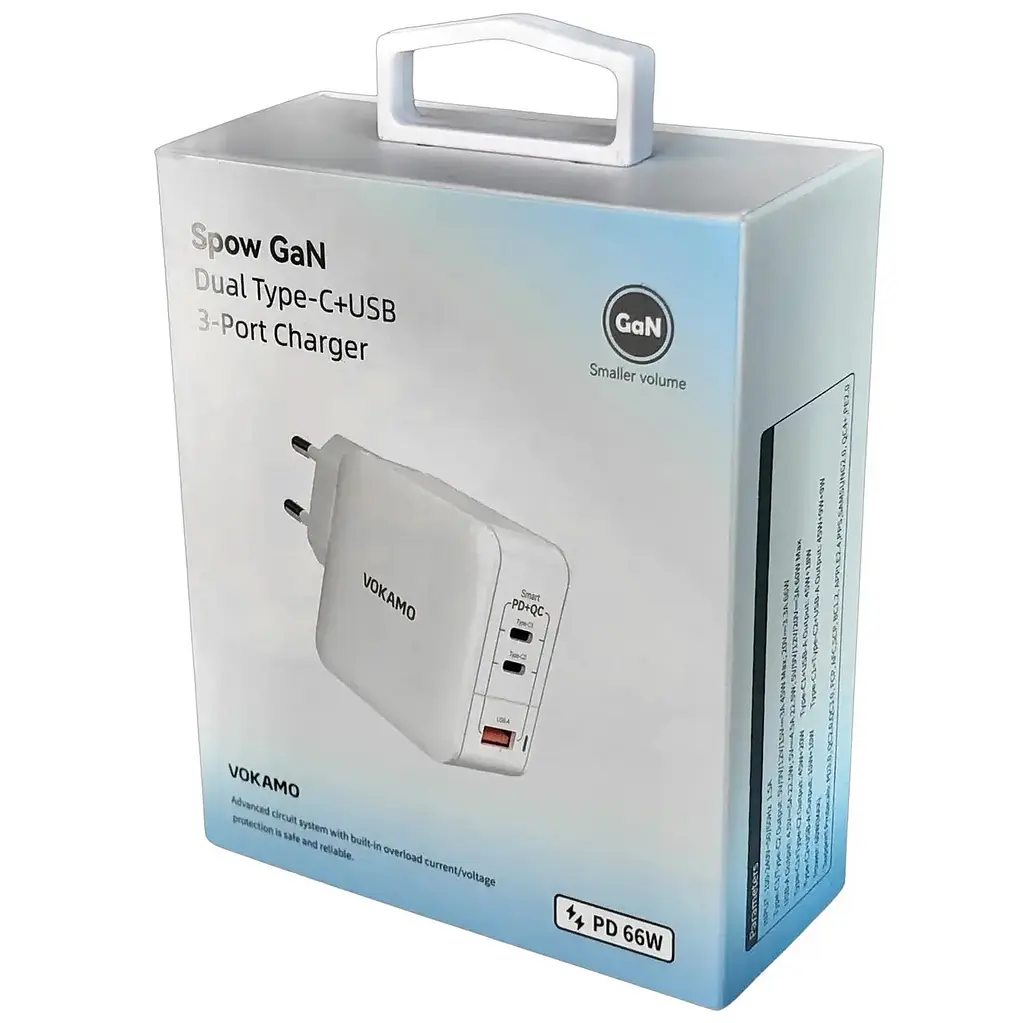 Зарядное устройство Vokamo 2хType-C, 1хUSB Spow GaN 66W - фото 4
