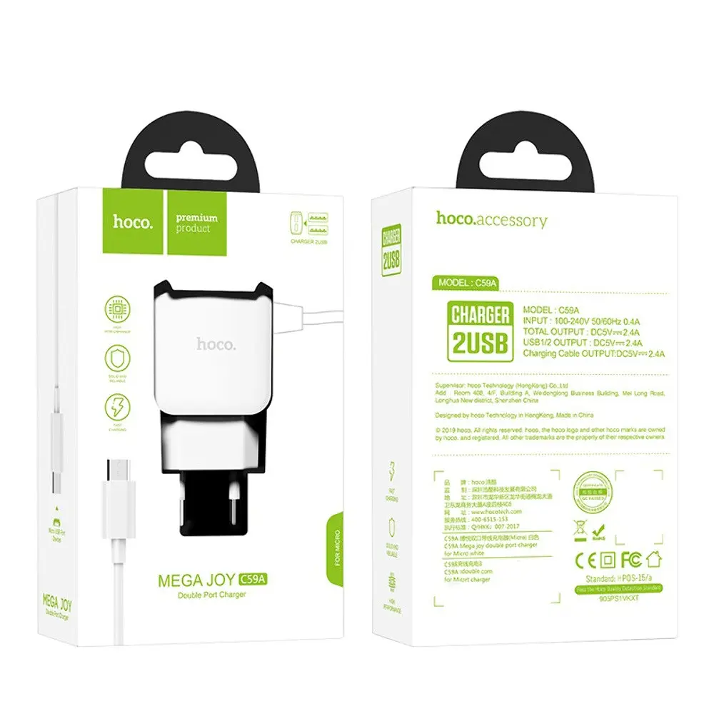 Мережевий зарядний пристрій Hoco C59A 2 USB білий з кабелем MicroUSB - фото 3