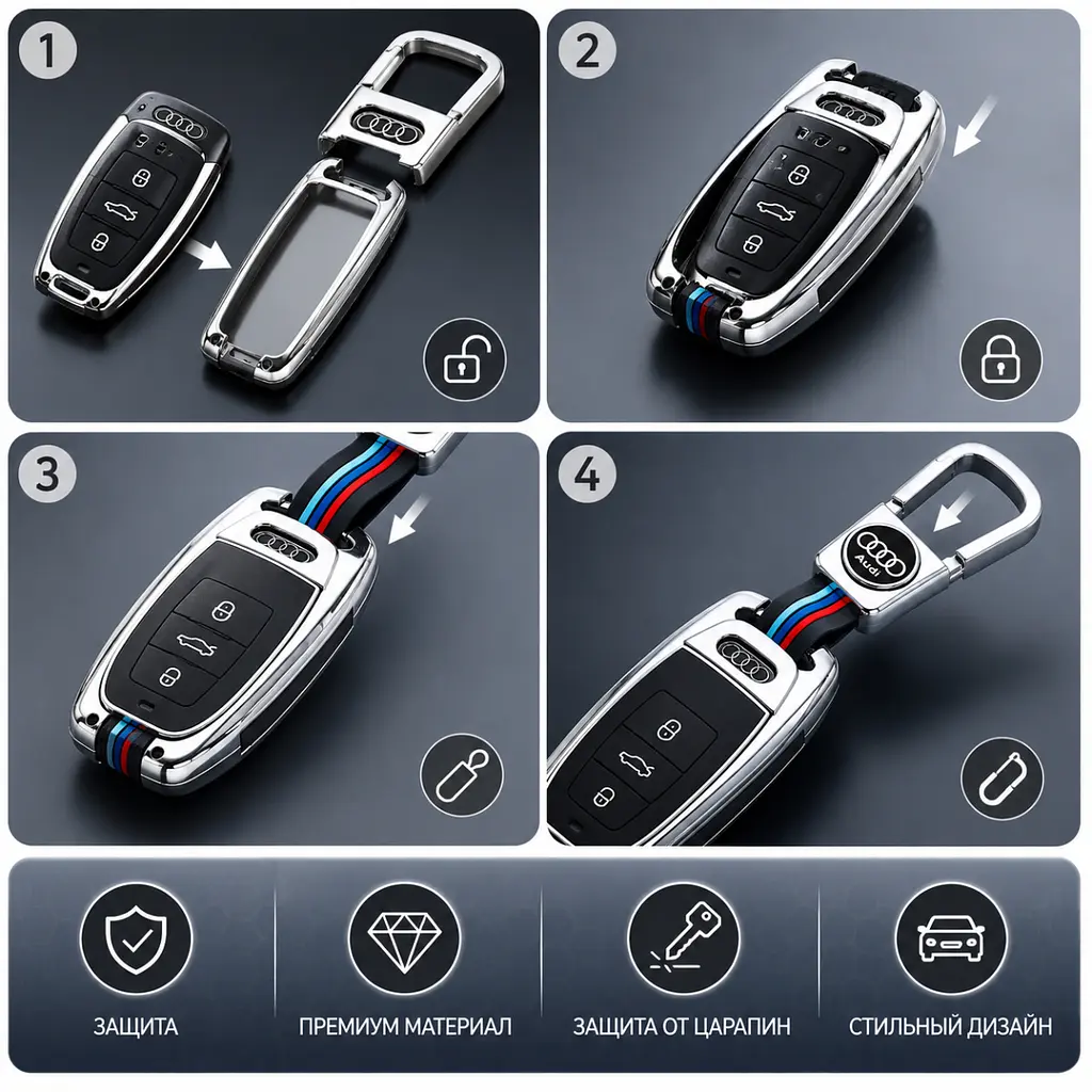 Чохол ключа №1 Audi сріблястий із декоративними смужками карабін 148 × 43 × 70 мм (метал) - фото 2