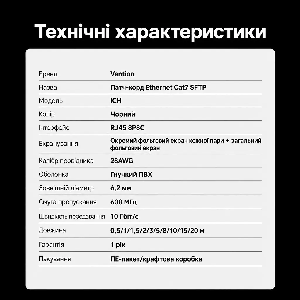 Кабель Ethernet Cat7 SFTP Vention 0,5 м патч-корд штекери RJ45 8P8C на обох кінцях передавання даних до 10 Гбіт/с за підтримки 10GBASE-T обома портами та відсутності обмежень у решті мережевого тракту фольгове екранування кожної пари та загальний фольговий екран гнучка оболонка з ПВХ чорний (ICHBD) - фото 8