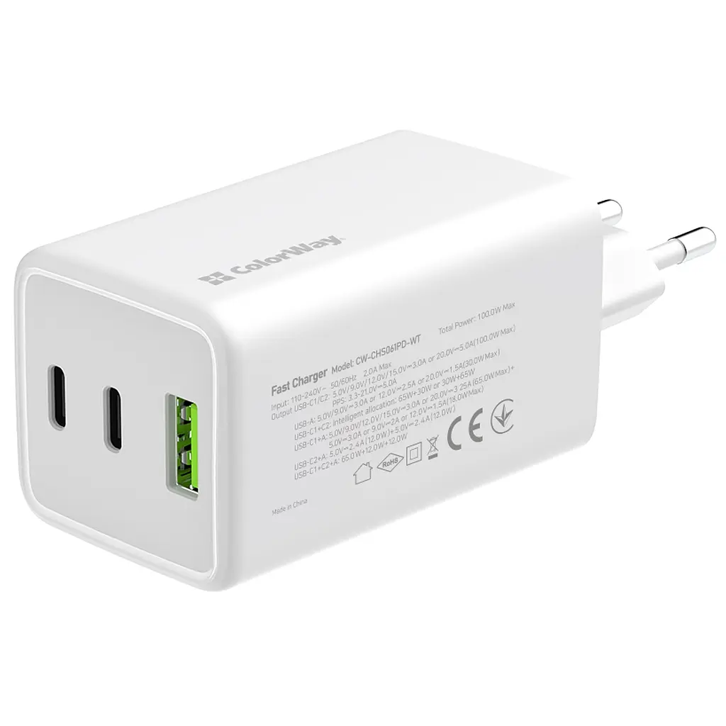 Зарядний пристрій ColorWay C101B GaN Mini 100 Вт PD PPS 2xUSB-C + USB-A білий (CW-CHS061PD-WT) - фото 3