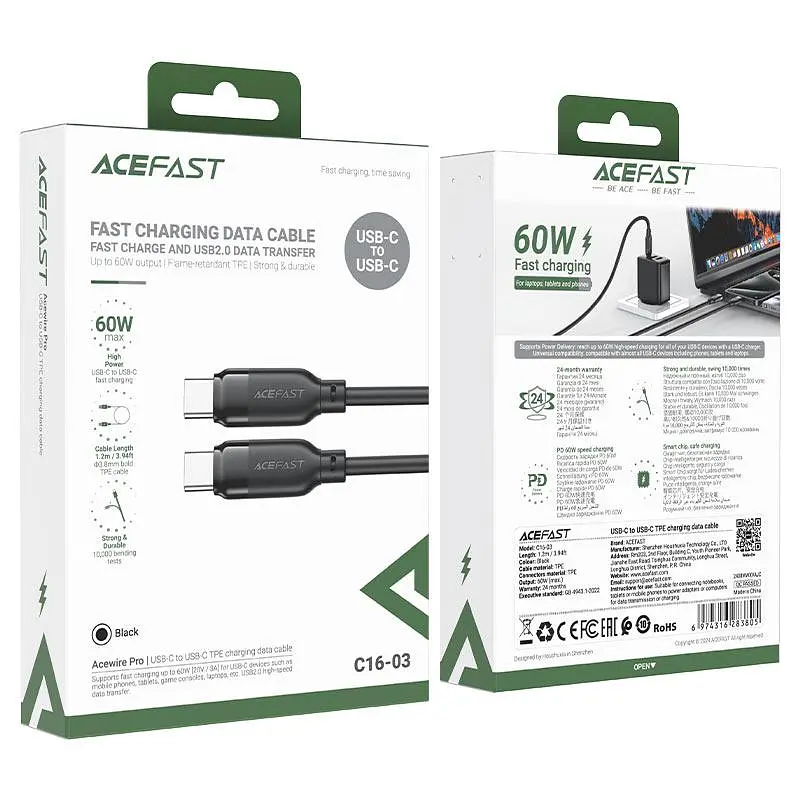Кабель ACEFAST C16-03, Type-C to Type-C, 60W, 1.2m, TPE, TPU connectors, Чорний - фото 2