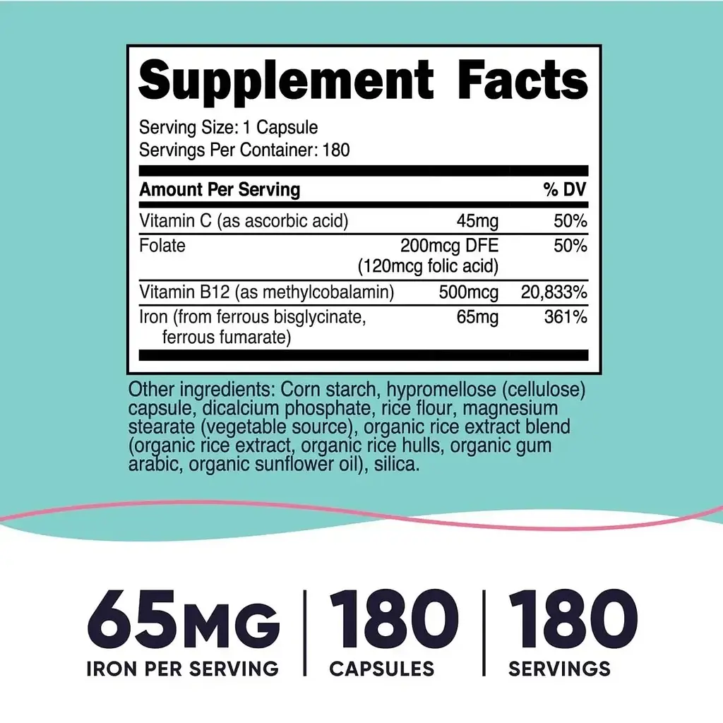 Залізо для жінок Nutricost With Vitamin C, Folate & Vitamin B12, 180 капсул - фото 3