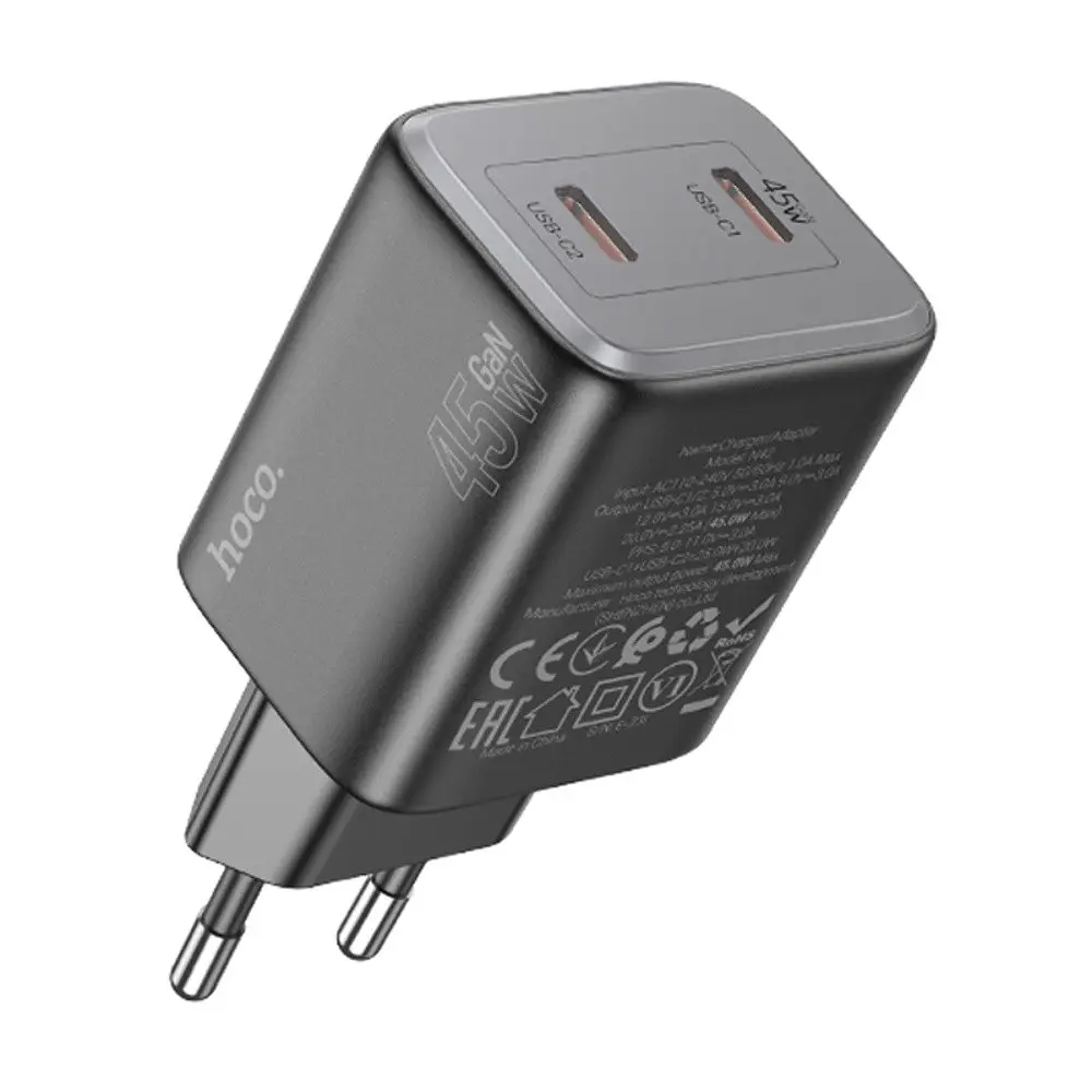 Мережевий зарядний пристрій Hoco N42 2 Type-C PD 45W чорний - фото 2