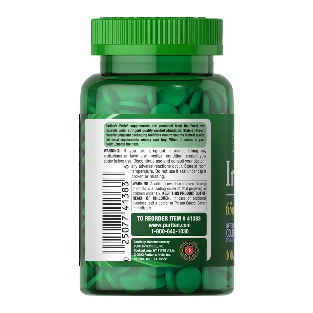 Вітаміни та мінерали Puritan's Pride Iron Ferrous Sulfate 65 мг 100 таблеток - фото 3