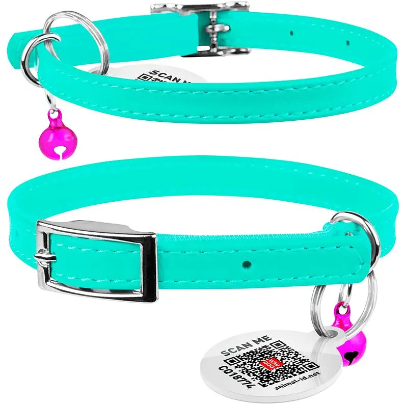 Ошейник для кошек Waudog Glamour кожаный с эластичной вставкой и QR паспортом 22-30х0.9 см ментоловый - фото 3