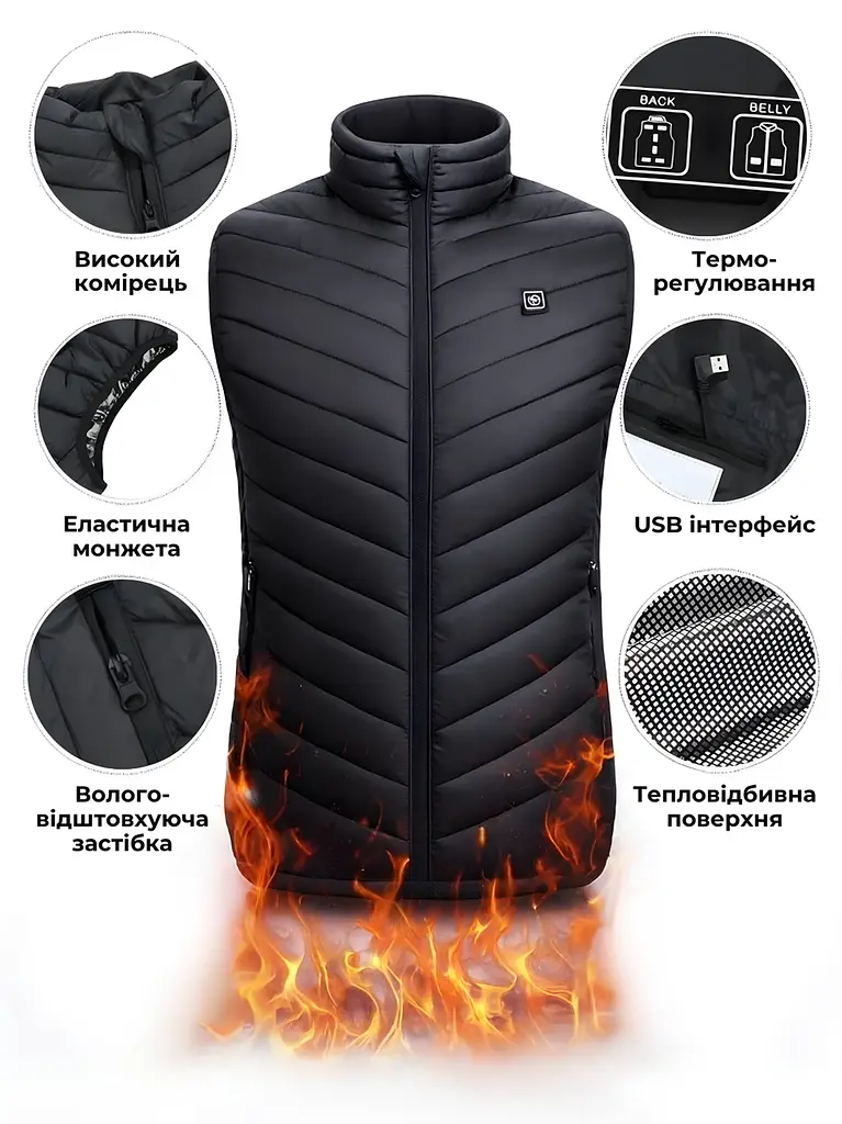 Термо жилет з активним підігрівом від Power Bank USB, з ефектом «теплого кокона», 3 температурних режими, розмір XL, Чорний - фото 6