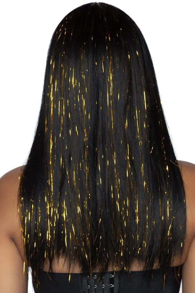 Leg Avenue-Long bang wig with tinsel Black/Gold - Чорна перука з люрексовою ниткою - фото 2