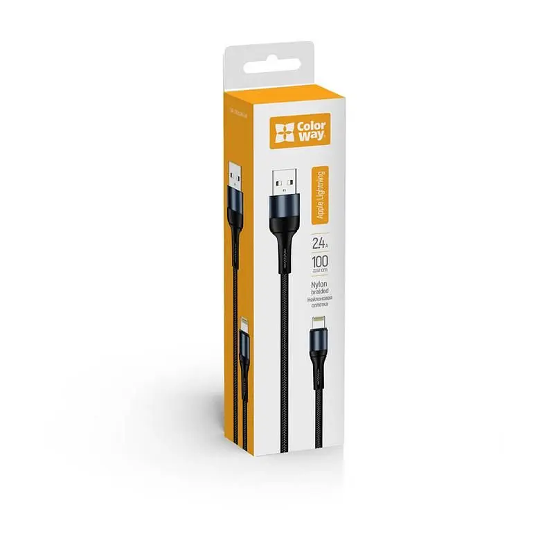 Кабель ColorWay USB - Lightning (M/M), nylon, 2.4 А, 1 м, Black (CW-CBUL045-BK) - фото 10