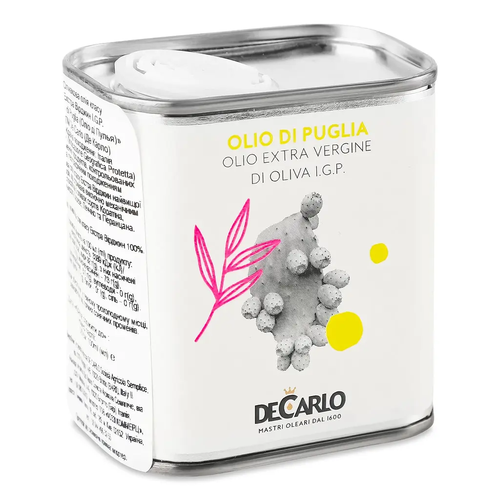 Масло оливковое DeCarlo Olio di Puglia Extra Virgin металлическая банка 100 мл - фото 2