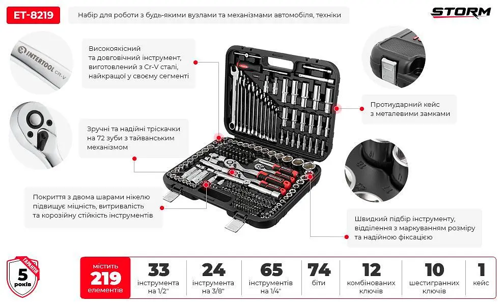 Набір інструментів Intertool Storm ET-8219 219шт [91257] - фото 4