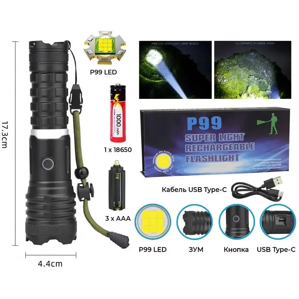 Ручний ліхтар RB-267 акумуляторний із зумом Zoom P99 18650 Type-C - фото 2