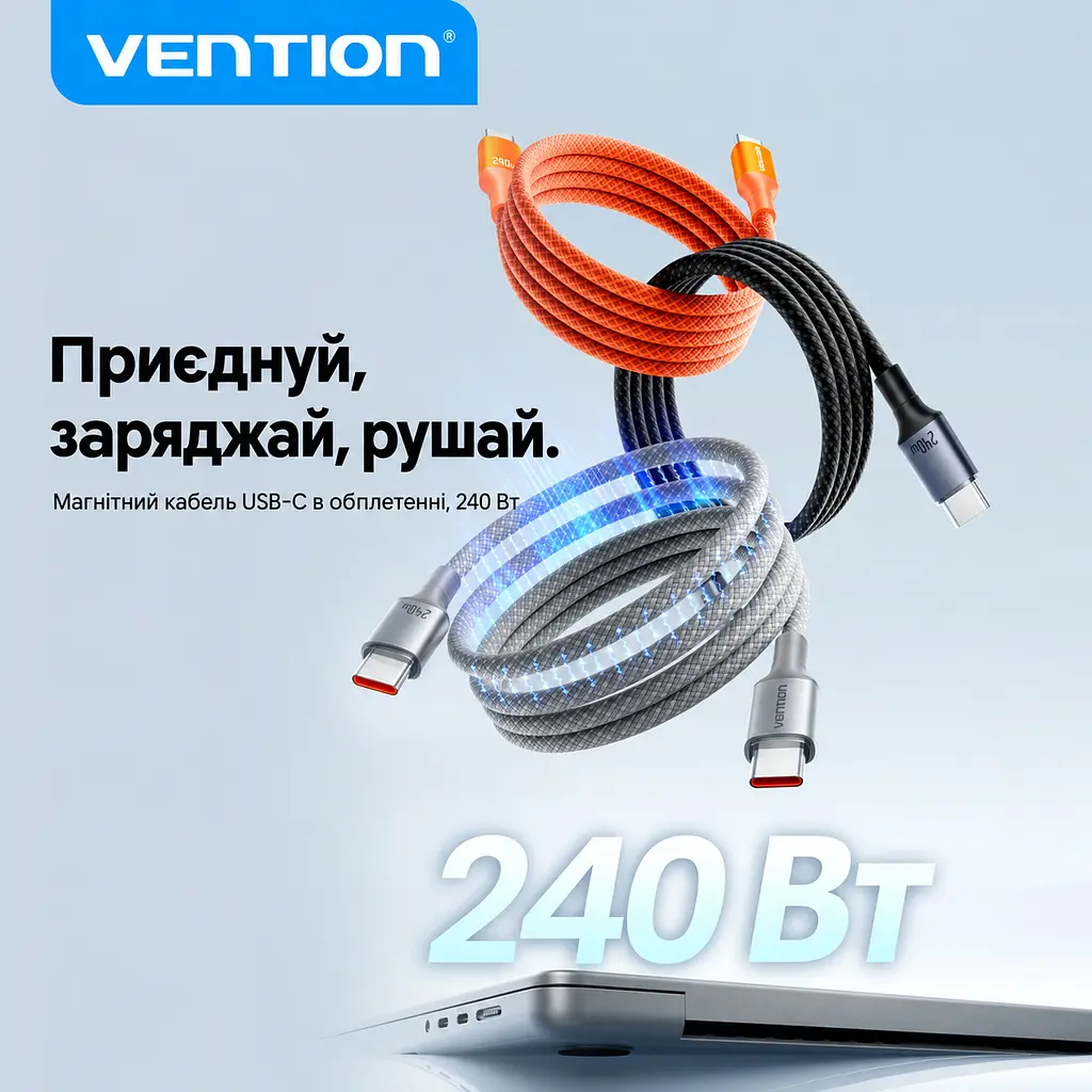 Кабель Vention TSAJF магнітний USB-C - USB-C PD 3.1 240 Вт 1 м титаново-золотий (TSAJF) - фото 14