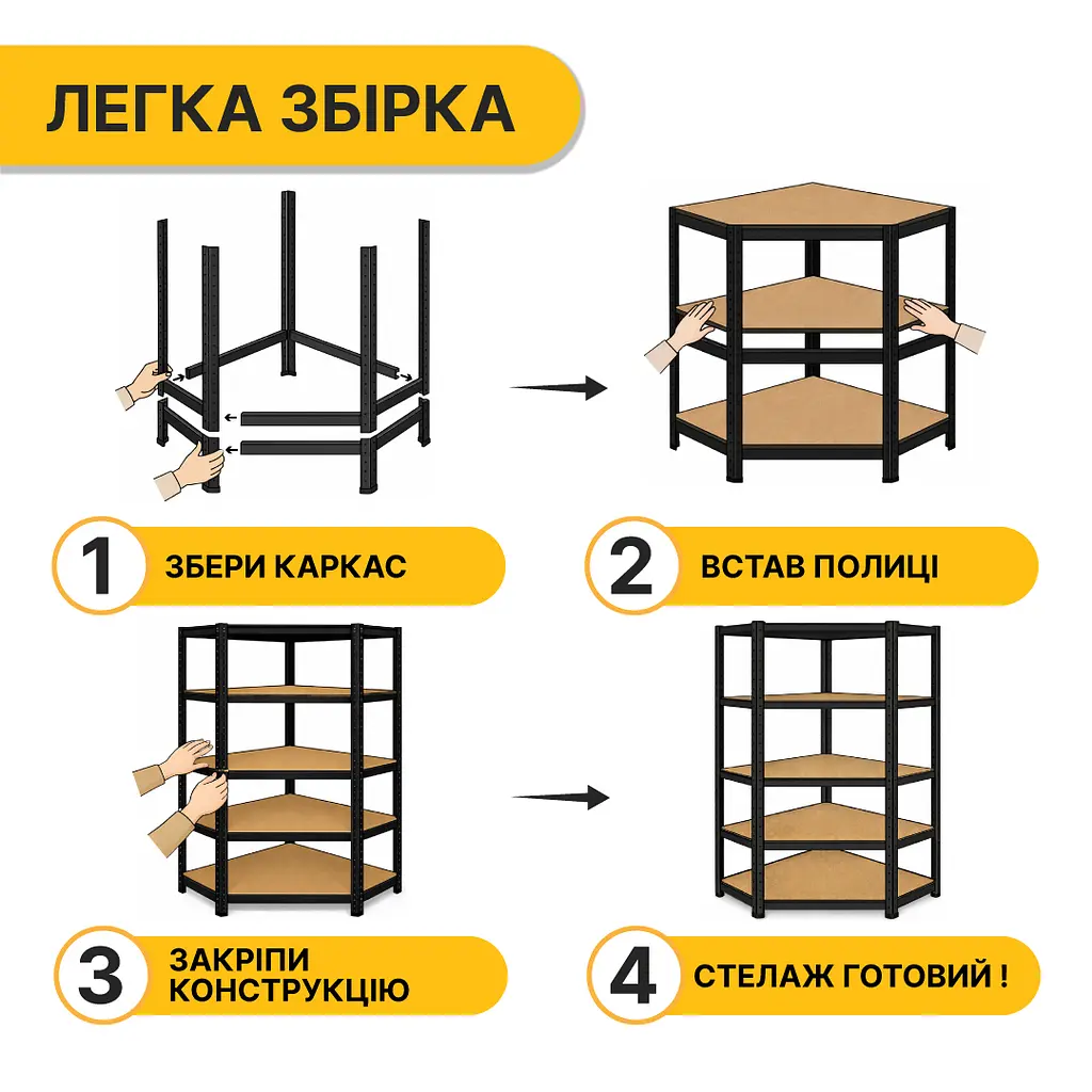 Стелаж кутовий LEOBRO Premium Black 180 х 90 х 40 см, 175кг/полиця, 5 полиць (LB-R124) - фото 6