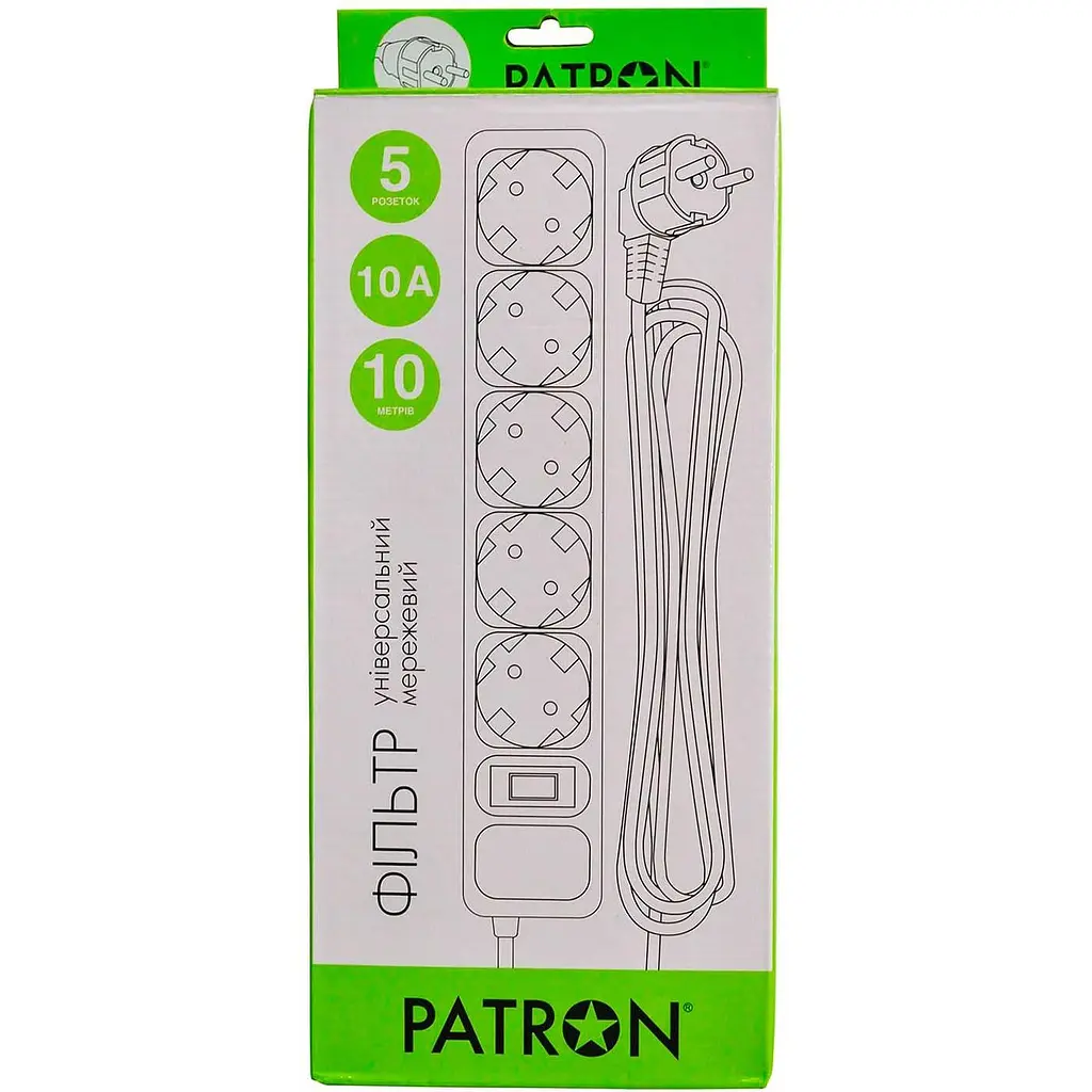 Мережевий фільтр Patron 10 m3*1mm2 (SP-10510) 5 розеток BLACK (EXT-PN-SP-10510) - фото 2