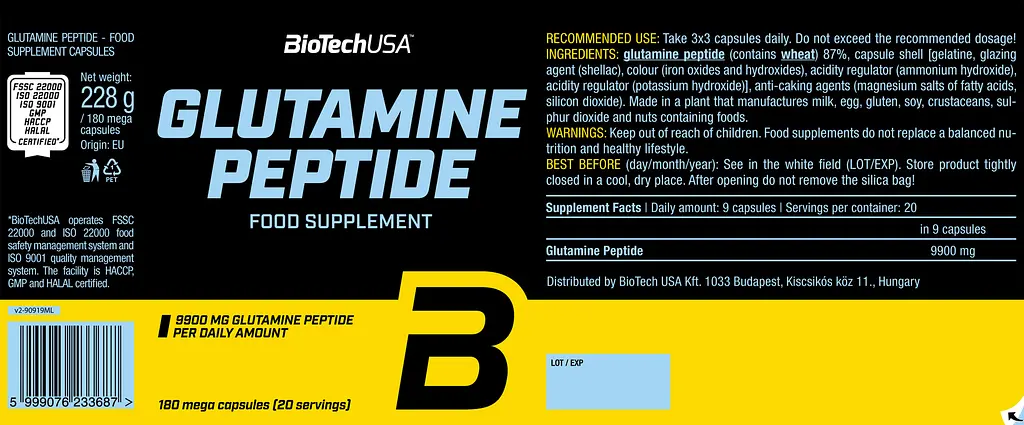 Амінокислота BiotechUSA Glutamine Peptide 180 капсул - фото 2