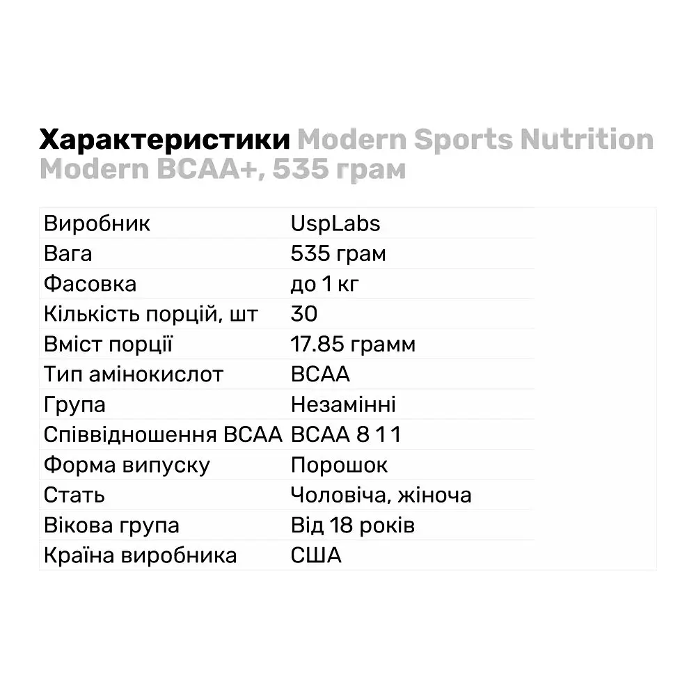 Амінокислота BCAA  USPLabs Modern Sports Nutrition Modern BCAA+ Зелене яблуко 535 г - фото 2