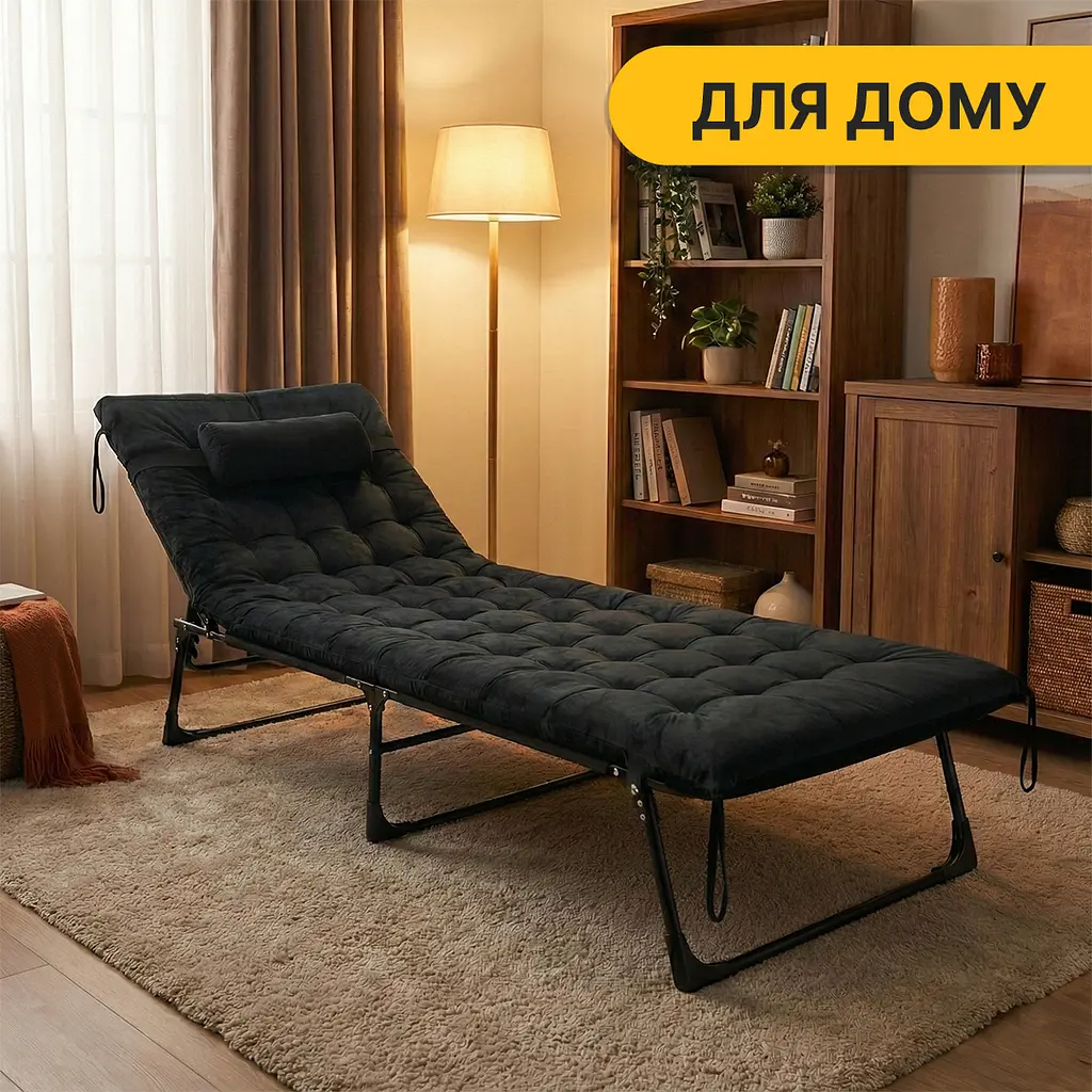 Розкладне ліжко (розкладачка) з оксамитовим матрацом і подушкою LEOBRO Black (LB-FB-A3-BLK) - фото 5