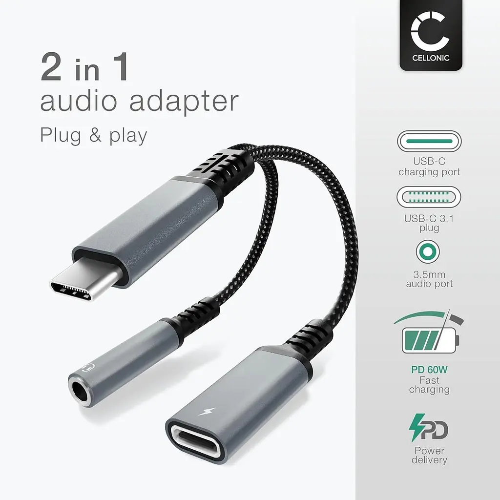 Адаптер CELLONIC USB-C 2в1 з AUX 3.5 мм та швидкою зарядкою 60W - фото 3
