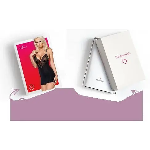 Сатиновий комплект для сну з мереживом Obsessive 828-CHE-1 chemise & Thong S/M, чорний - фото 8