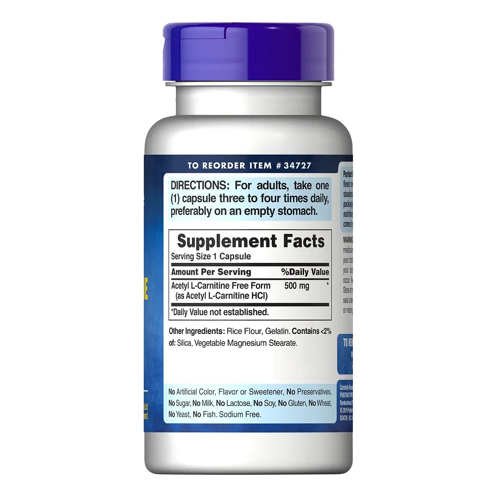 Ацетил-L-карнитин Puritan's Pride Acetyl L-Carnitine 500 mg, 60 капсул - фото 2