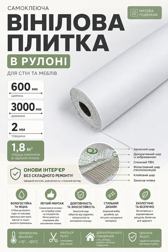 Самоклеюча вініловая плитка в рулоні 600х3000х2 мм Біле полотно Мат SW-00002032 - фото 2