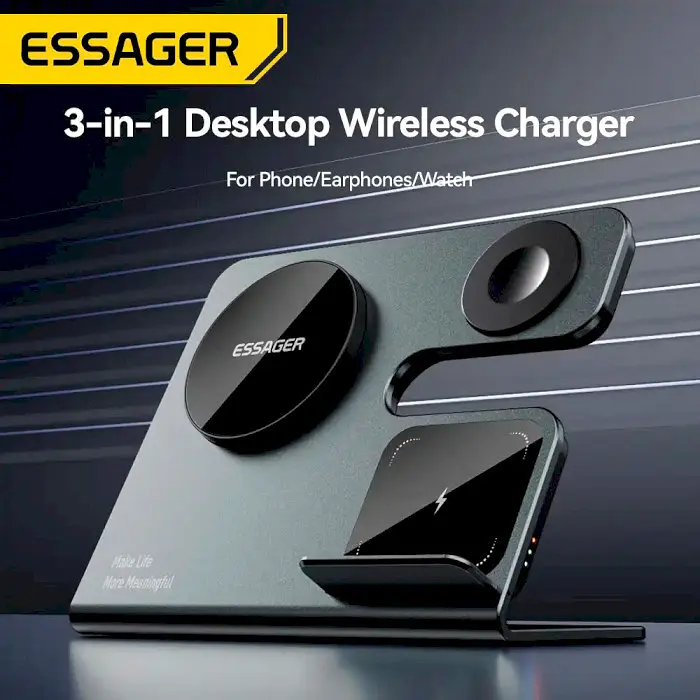 Беспроводное мультизарядное устройство Essager Ruicheng desktop magnetic suction 15W (3 in 1) черный - фото 4