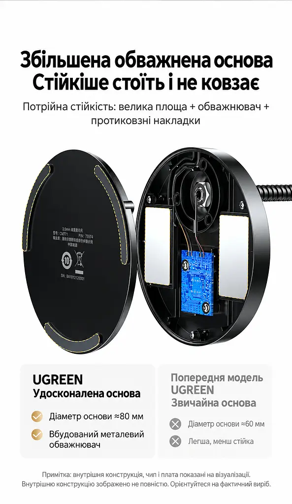 Настільний конденсаторний мікрофон UGREEN CM771 з підключенням 3,5 мм всеспрямований 360° з кнопкою вимкнення звуку на гнучкій ніжці з аудіокабелем 3,5 мм завдовжки 1,5 м у комплекті з поролоновим вітрозахистом з протиковзною основою чорний (75574) - фото 5