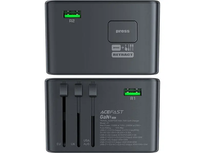 Мережевий зарядний пристрій Acefast Z1 5xUSB 75 W GaN 3xUSB-C 2xUSB-A PD Black (6974316282495) - фото 4