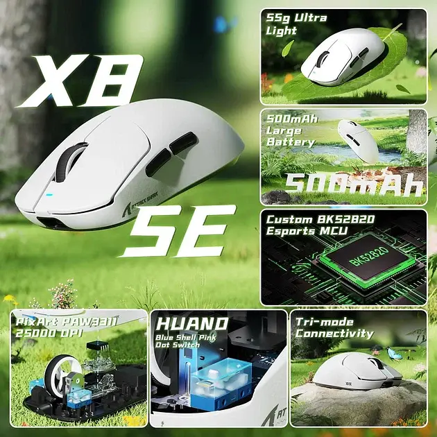 Игровая беспроводная мышка ATTACK SHARK X8SE / Три режима подключения / 55g / 25000DPI / Сенсор PAW3311 / White - фото 4