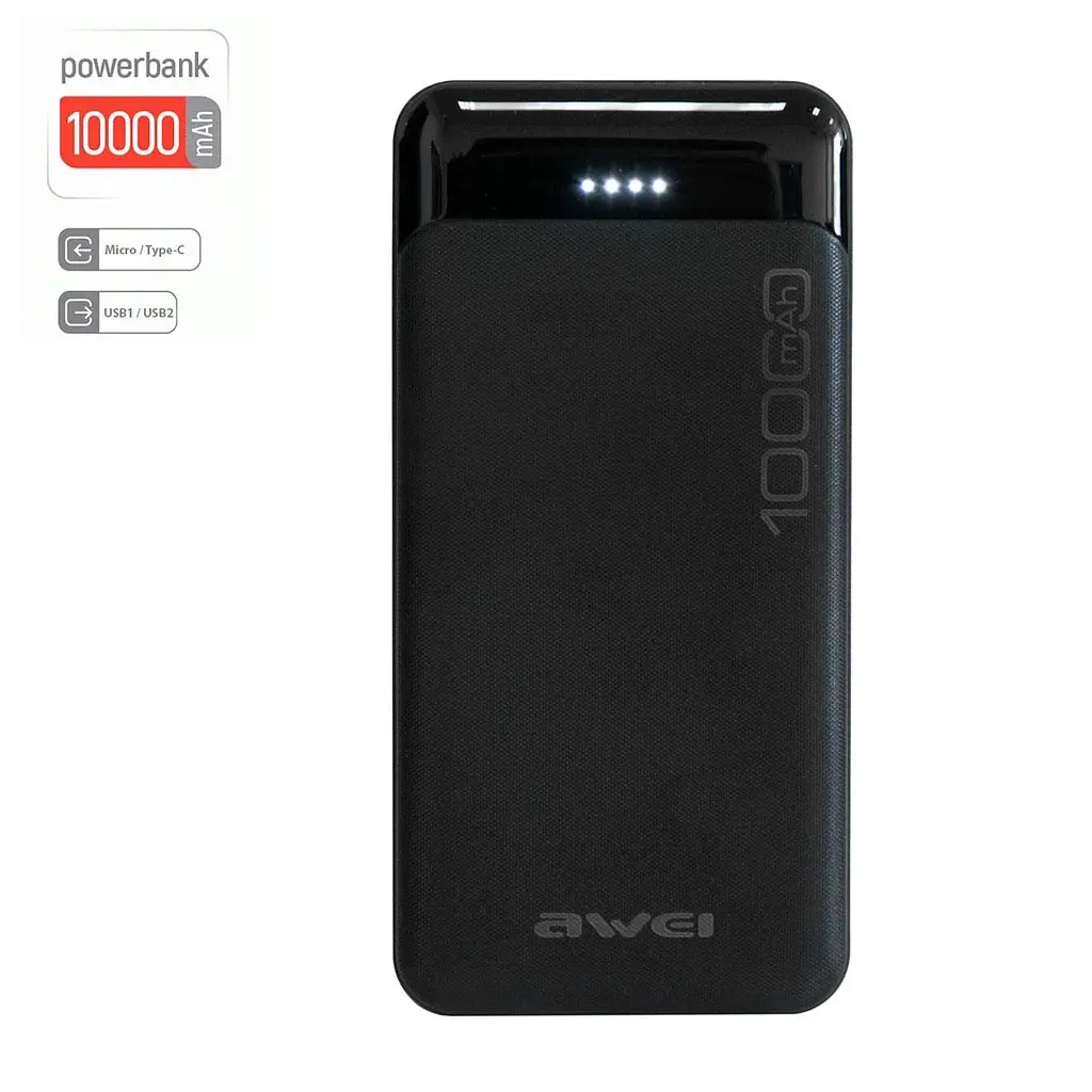 Повербанк 10000mAh портативная зарядка для телефона черная Awei P37K Power Bank - фото 2