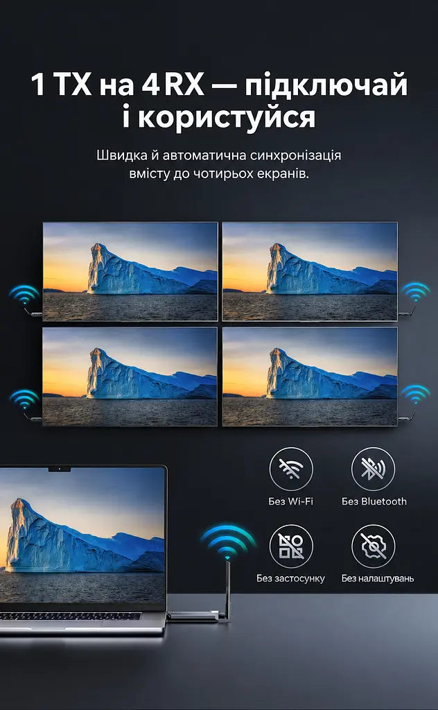 Бездротовий HDMI Vention 1 передавач і 1 приймач 1080p 60 Гц до 200 м на відкритій місцевості потрібне живлення модулів через USB-C кнопка паузи та відновлення трансляції дублювання екрана розширення екрана за підтримки комп’ютером із заводським спарюванням сіро-чорний (ADPH0-1) - фото 11